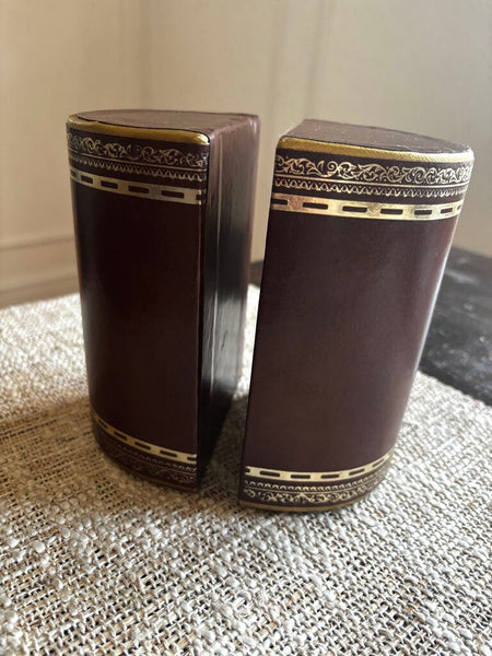 Brown Leather Bound Gold Gilt Scroll Bookends MCM