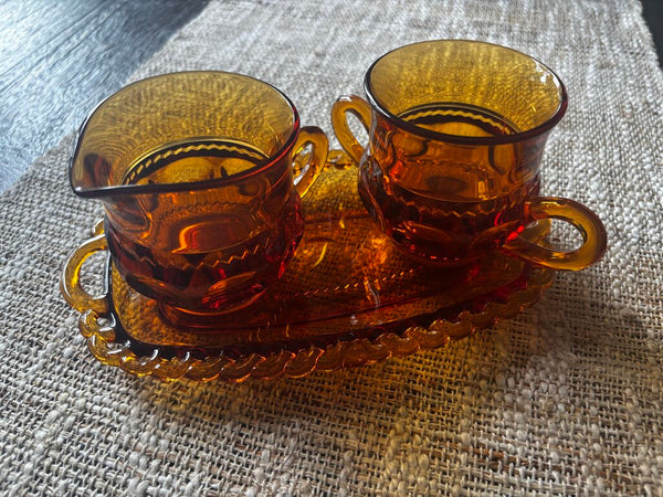 Vtg. Indiana Glass Amber Kings Crown Thumbprint Creamer & Sugar Set w/ Tray