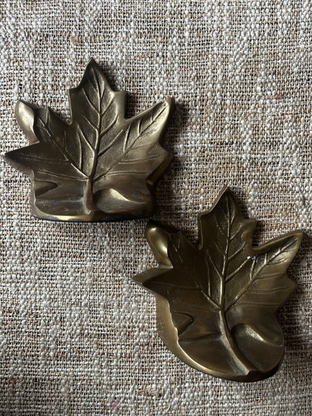 Pair of Vintage MCM Brass Maple Leaf Bookends 5.25