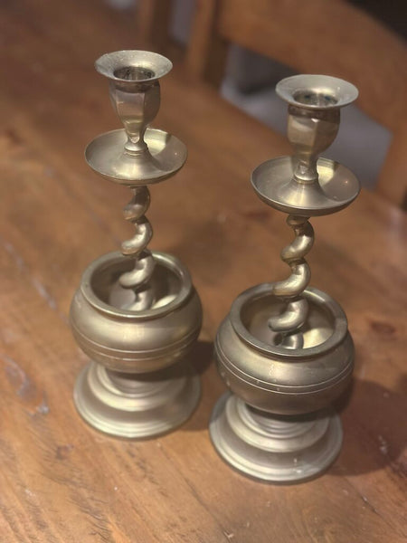 PAIR OF BARLEY TWIST BRASS CANDLEHOLDERS 9 1/2"H x 3 1/2"W