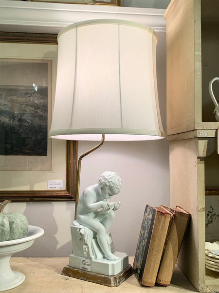 Sculptural porcelain lamp with lampshade. Purchased in the UK