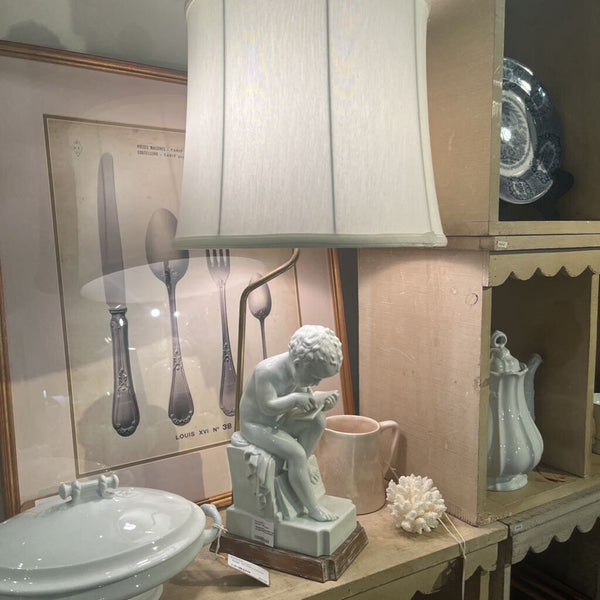 Sculptural porcelain lamp with lampshade. Purchased in the UK