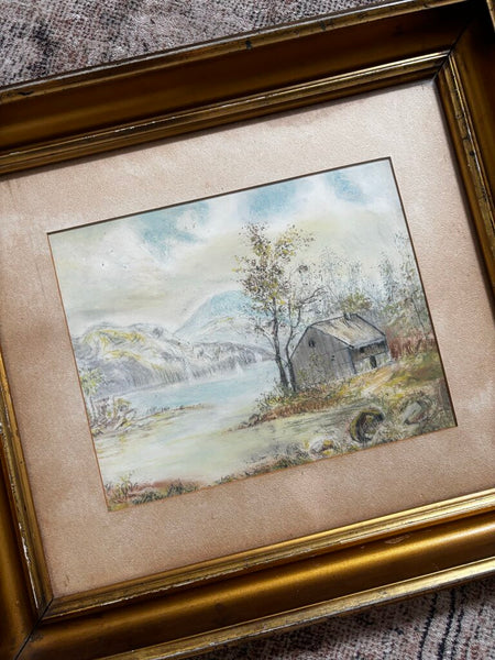 Antique Gold Framed Landscape Watercolor and Pencil 17 x 15