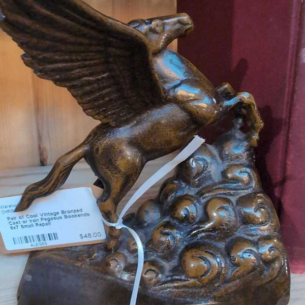 Pair of Cool Vintage Bronzed Cast or Iron Pegasus Bookends 6x7 Small Repair