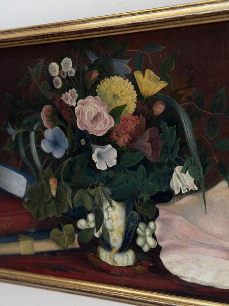 1641 19th C. Oil on Canvas Floral Still Life w/ Books