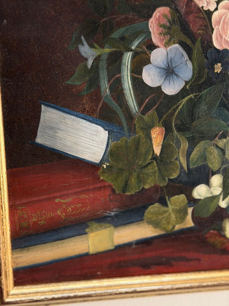 1641 19th C. Oil on Canvas Floral Still Life w/ Books