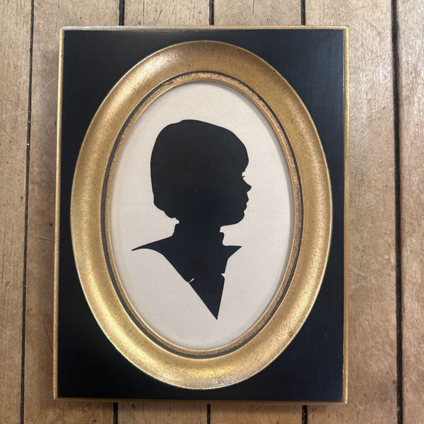 VINTAGE FRAMED SILHOUETTE OVAL OPENING, BLACK WITH GOLD. 7" x 9"