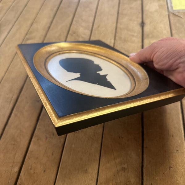 VINTAGE FRAMED SILHOUETTE OVAL OPENING, BLACK WITH GOLD. 7" x 9"