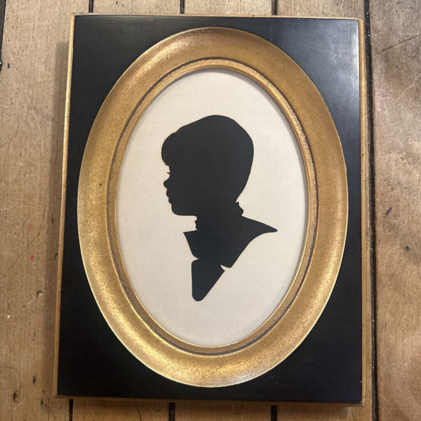 VINTAGE FRAMED SILHOUETTE, OVAL OPENING, BLACK WITH GOLD. 7" x 9"