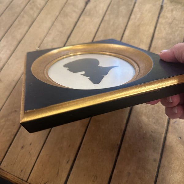 VINTAGE FRAMED SILHOUETTE, OVAL OPENING, BLACK WITH GOLD. 7" x 9"