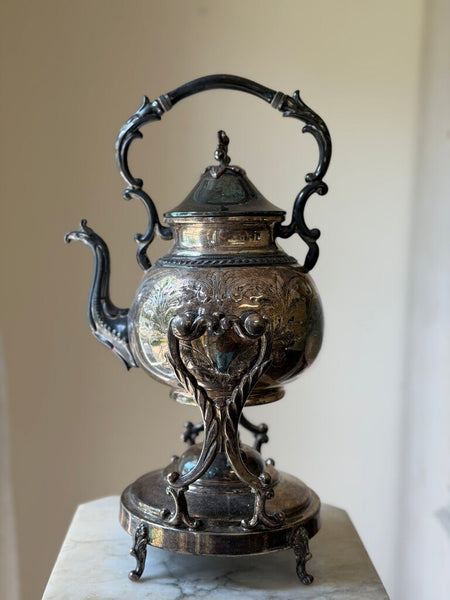 0330 Vintage English Etched Teapot on Stand w/ Warmer