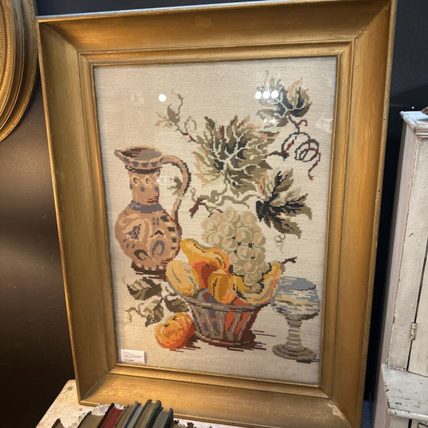 FRAMED VINTAGE NEEDLEPOINT 25 1/2" x 34" , GOLD FRAME. STORE PICK, UP
