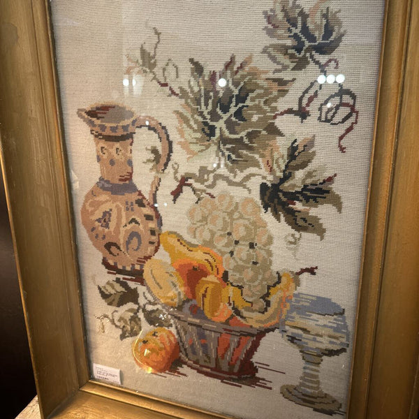FRAMED VINTAGE NEEDLEPOINT 25 1/2" x 34" , GOLD FRAME. STORE PICK, UP