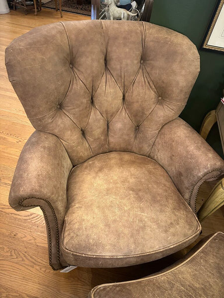 DISTRESSED LEATHER WRITER'S CHAIR AND OTTOMAN, NAILHEAD TRIM. 39"H x 37"W x 40"D, OTTOMAN DIM: 26"W x 22"D x 17"H, IN STORE PICKUP