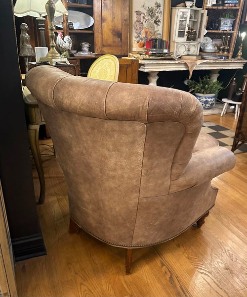 DISTRESSED LEATHER WRITER'S CHAIR AND OTTOMAN, NAILHEAD TRIM. 39"H x 37"W x 40"D, OTTOMAN DIM: 26"W x 22"D x 17"H, IN STORE PICKUP