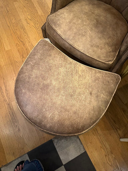 DISTRESSED LEATHER WRITER'S CHAIR AND OTTOMAN, NAILHEAD TRIM. 39"H x 37"W x 40"D, OTTOMAN DIM: 26"W x 22"D x 17"H, IN STORE PICKUP