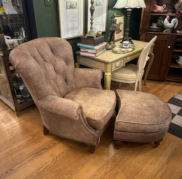 DISTRESSED LEATHER WRITER'S CHAIR AND OTTOMAN, NAILHEAD TRIM. 39"H x 37"W x 40"D, OTTOMAN DIM: 26"W x 22"D x 17"H, IN STORE PICKUP