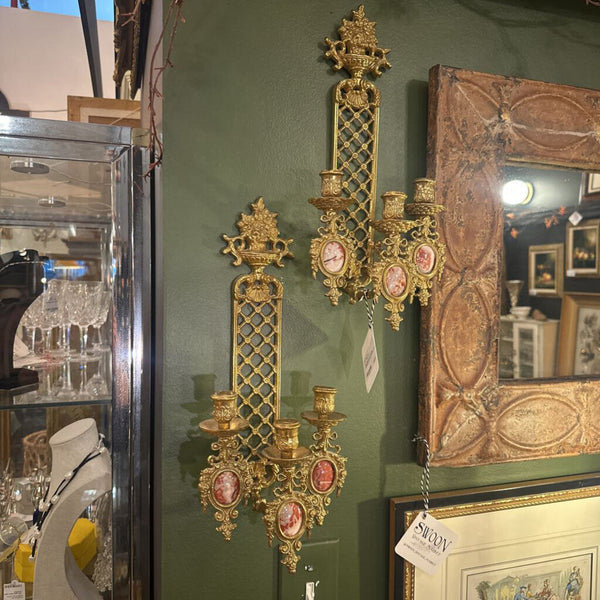 PAIR BRASS AND STONE SCONCES 15 1/2"H x 6 1/2"W x 6"D