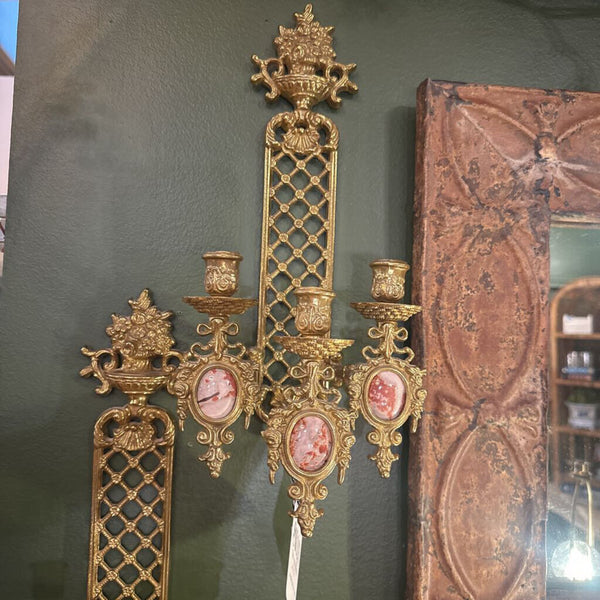 PAIR BRASS AND STONE SCONCES 15 1/2"H x 6 1/2"W x 6"D