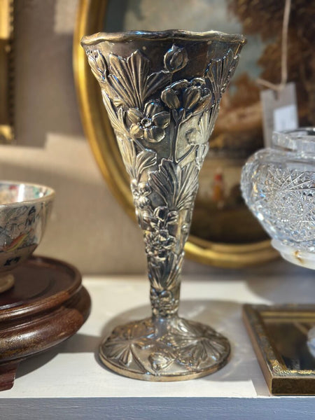 SILVER PLATED FLORAL RELIEF ART NOUVEAU STYLE TRUMPET VASE 10" x 5"