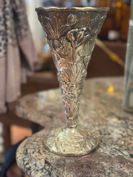 SILVER PLATED FLORAL RELIEF ART NOUVEAU STYLE TRUMPET VASE 10" x 5"