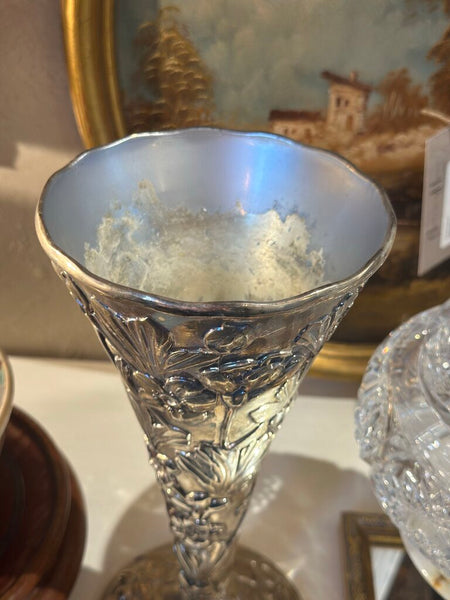 SILVER PLATED FLORAL RELIEF ART NOUVEAU STYLE TRUMPET VASE 10" x 5"