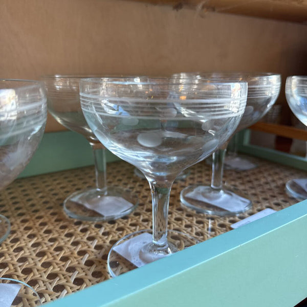 Vintage coupe stemware glass champagne stripe and dot