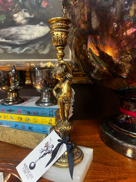Vintage Brass Cherub & Marble Candlestick