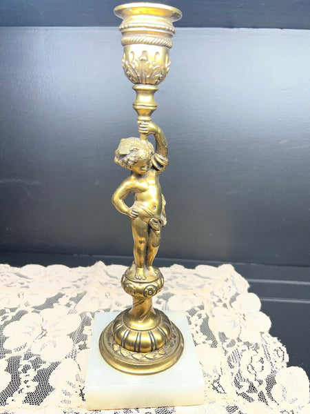 Vintage Brass Cherub & Marble Candlestick