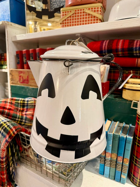 JFV ~ Vintage large enamel camp coffee pot with Halloween decal