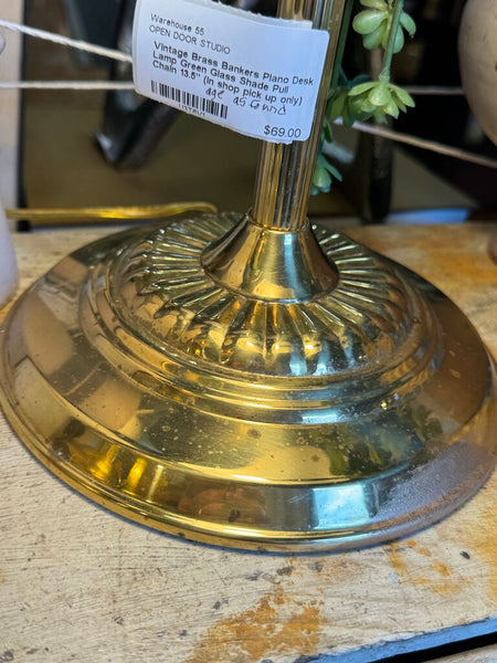Vintage Brass Bankers Piano Desk Lamp Green (base as found patina) Glass Shade Pull Chain 13.5" (in shop pick up only)