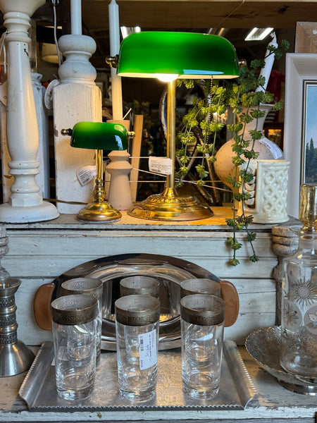 Vintage Brass Bankers Piano Desk Lamp Green (base as found patina) Glass Shade Pull Chain 13.5" (in shop pick up only)