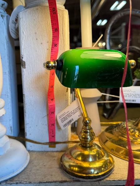 Vintage small/mini 8" tall bankers lamp green glass shade perfect countertop / under cupboard size (base as found)