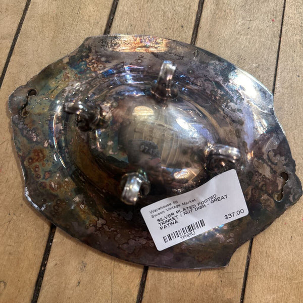 SILVER PLATED FOOTED TRINKET / NUT DISH - GREAT PATINA