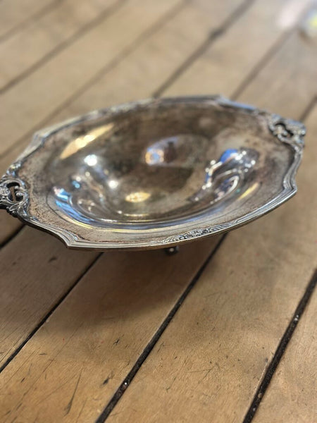 SILVER PLATED FOOTED TRINKET / NUT DISH - GREAT PATINA