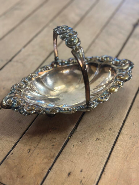 SILVER PLATED FOOTED TRINKET / NUT DISH WITH HANDLE
