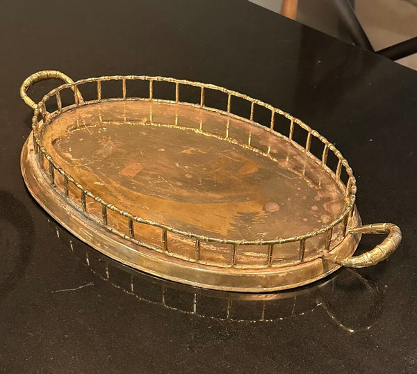 HOLLYWOOD REGENCY BRASS GALLERY TRAY WITH BAMBOO STYLE RAIL. 21" x 12"
