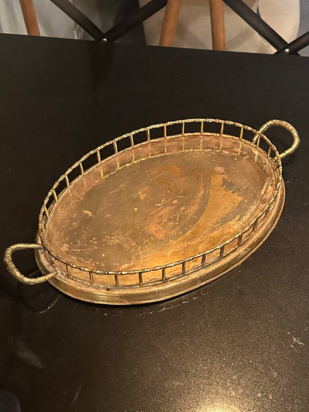 HOLLYWOOD REGENCY BRASS GALLERY TRAY WITH BAMBOO STYLE RAIL. 21" x 12"