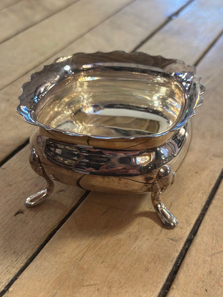 SMALL SILVER PLATED FOOTED SUGAR BOWL W/ SCALLOPED EDGE