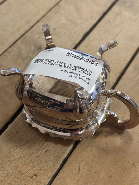SMALL SILVER PLATED FOOTED CREAMER W/ SCALLOPED EDGE