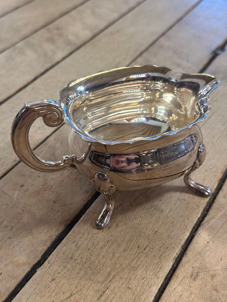 SMALL SILVER PLATED FOOTED CREAMER W/ SCALLOPED EDGE