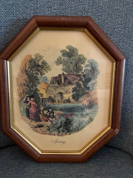 Vintage "Spring" Peasant Scene Octagon Artwork 10" x 12"