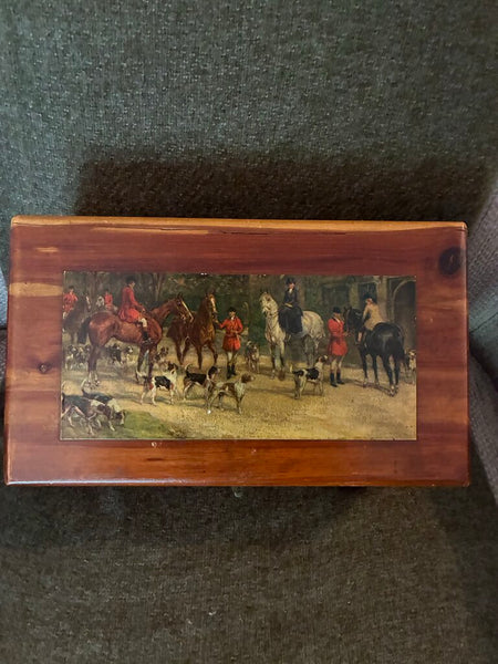 Vintage Wood Equestrian Trinket Box 11" x 4.5 x6"