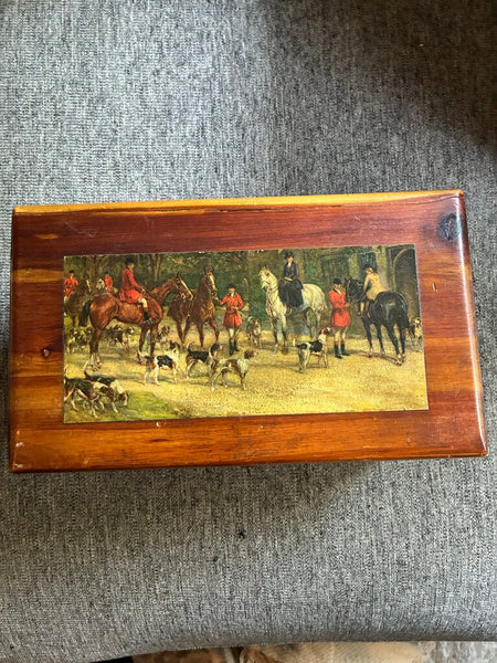 Vintage Wood Equestrian Trinket Box 11" x 4.5 x6"