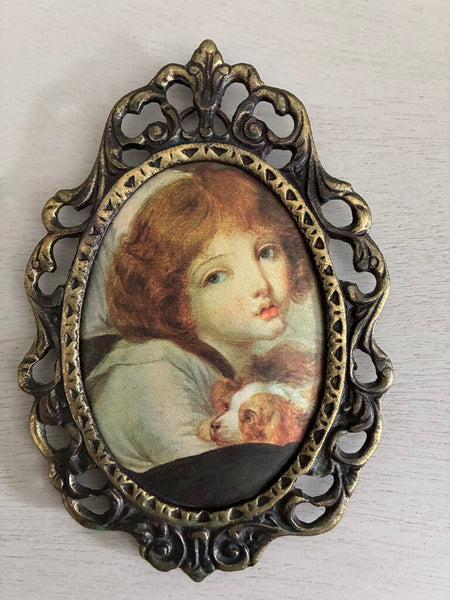 Vintage Jean-Babtiste Le Petite Chien Framed Silk Portrait 4.5 x 6.5