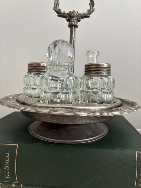 Antique Silver Plate Cruet Condiment Five Piece Set 9"h