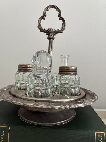 Antique Silver Plate Cruet Condiment Five Piece Set 9"h