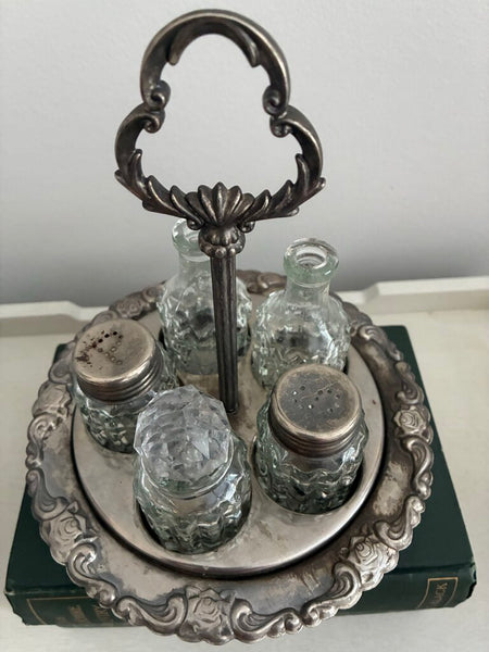 Antique Silver Plate Cruet Condiment Five Piece Set 9"h