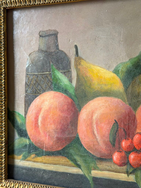 2221 Antique French Fruit Still Life on canvasw/ Peaches, Pears & Cherries