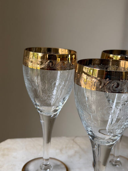 Set of 3 Gold Trim Etched Crystal Glasses